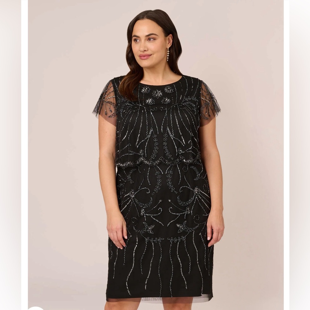 Adrianna Pappel PLUS SIZE SHORT-SLEEVE BEADED COCKTAIL DRESS